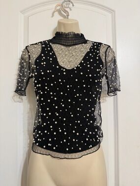 Black Pearl-Embellished Mesh Top